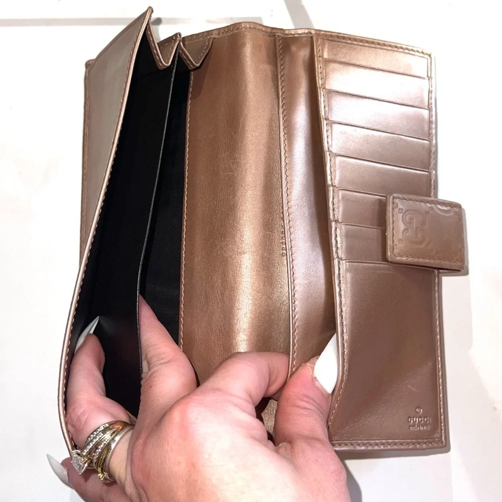 Gucci Guccissima GG Rose Gold Long Bifold Continental Wallet Zip Snap Shima